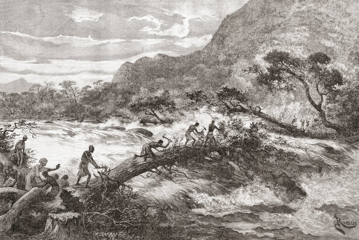 Uma ponte improvisada na África Central, de &39;Africa Pintoresca&39;, publicada em 1888 de Spanish School