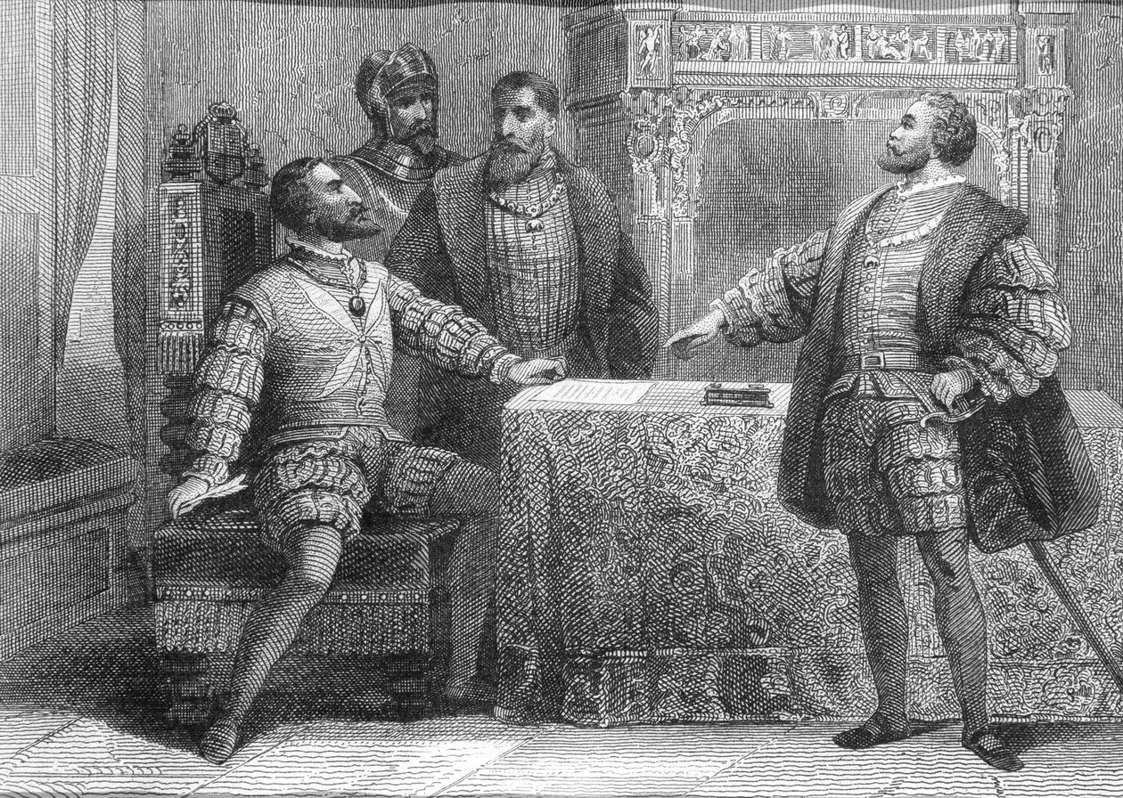 Carlos V de Espanha (1500-58) e François I de França (1494-1547) assinam o Tratado de Madrid, 14 de janeiro de 1526 de Spanish School