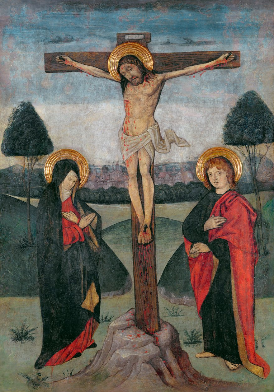 Cristo na cruz entre a Virgem e São João (têmpera no painel) de Spanish School