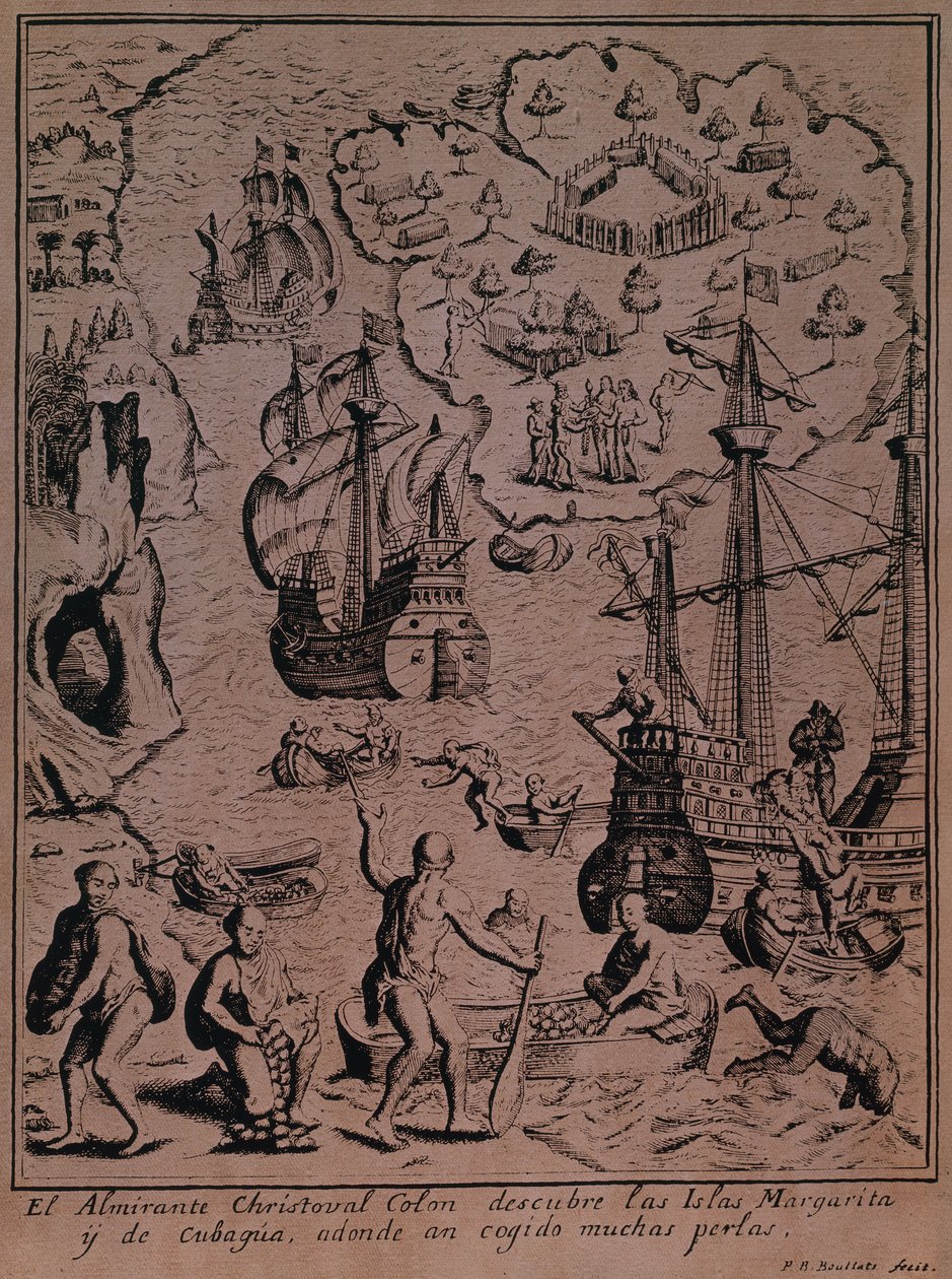 Christopher Colombus descobrindo as ilhas de Margarita e Cubagua, onde encontraram muitas pérolas de Spanish School