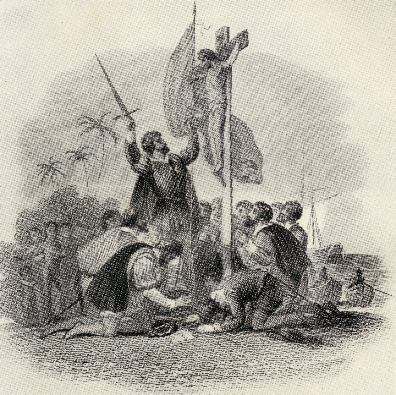 Columbus (1451-1506) pousando no Novo Mundo, ilustração em &39;A Missão das Índias&39;, publicado em 1920 de Spanish School