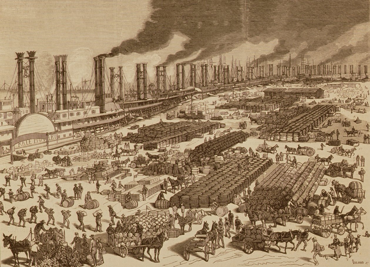 Atividade comercial e uma vista do cais em Nova Orleans em 1880 de Spanish School