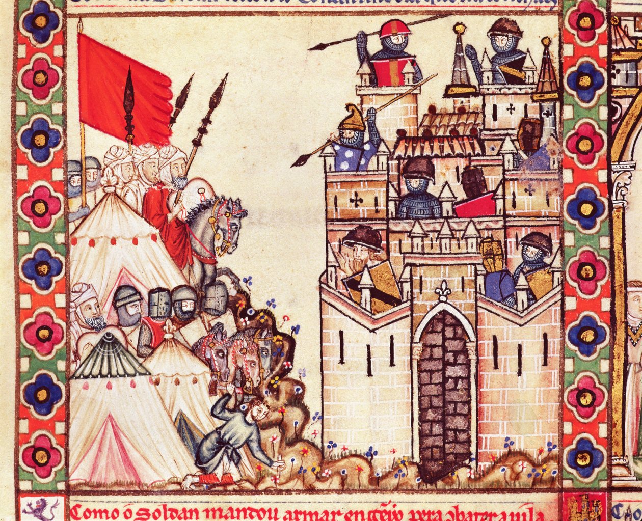 Detalhe da Cantiga 28 retratando soldados cercando Constantinopla que estava nas mãos dos cristãos, escrito em Galácia para Alfonso X de Spanish School