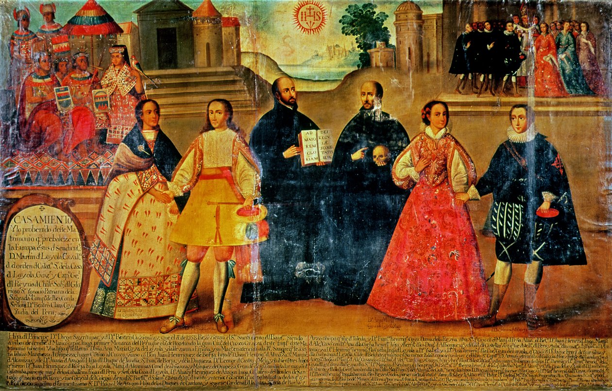 Casamento duplo entre duas mulheres incas e dois espanhóis em 1558, c.1750 (painel) de Spanish School