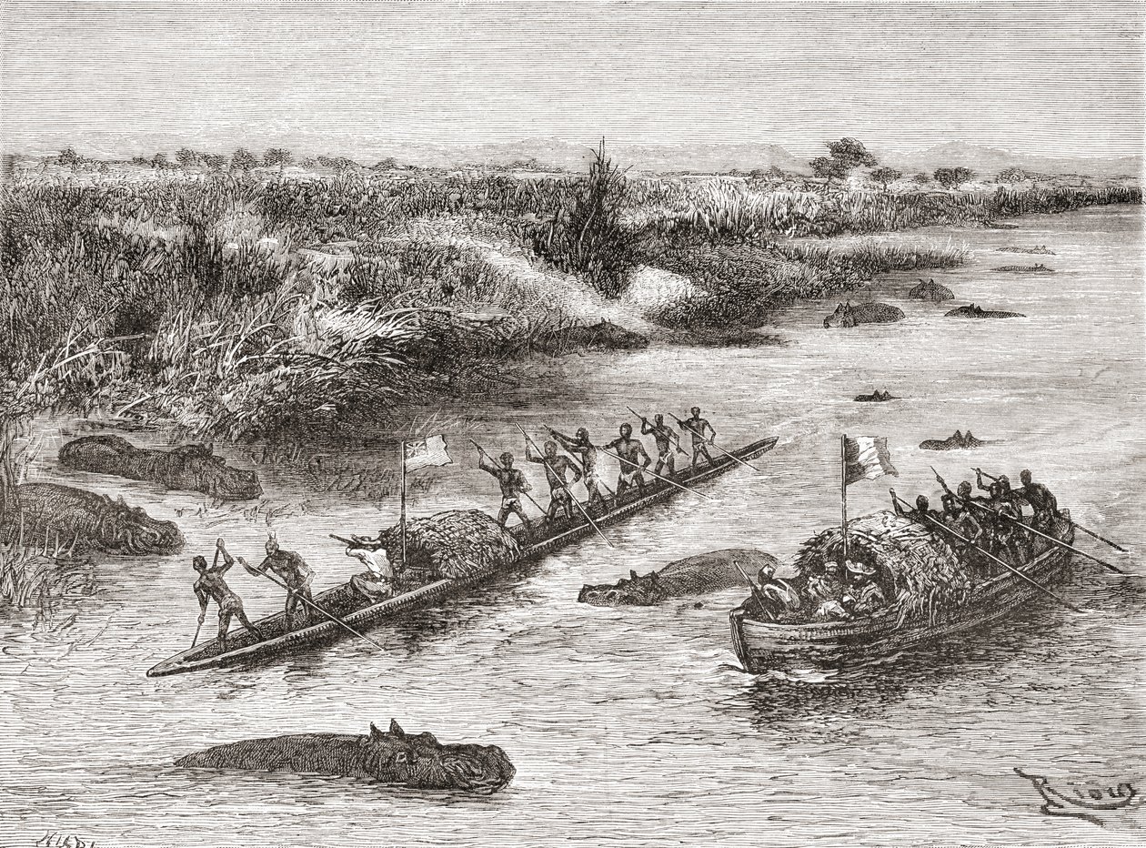 Exploradores franceses e britânicos caçando hipopótamos no rio Congo no século 19, de &39;Africa Pintoresca&39;, publicado em 1888 de Spanish School