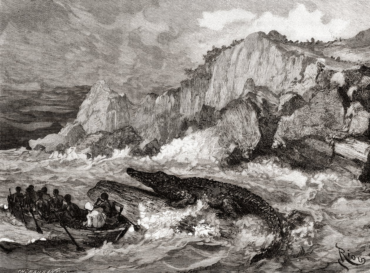 Crocodilo gigante ameaça um barco no rio Congo durante uma expedição do século 19, de &39;Africa Pintoresca&39;, publicado em 1888 de Spanish School