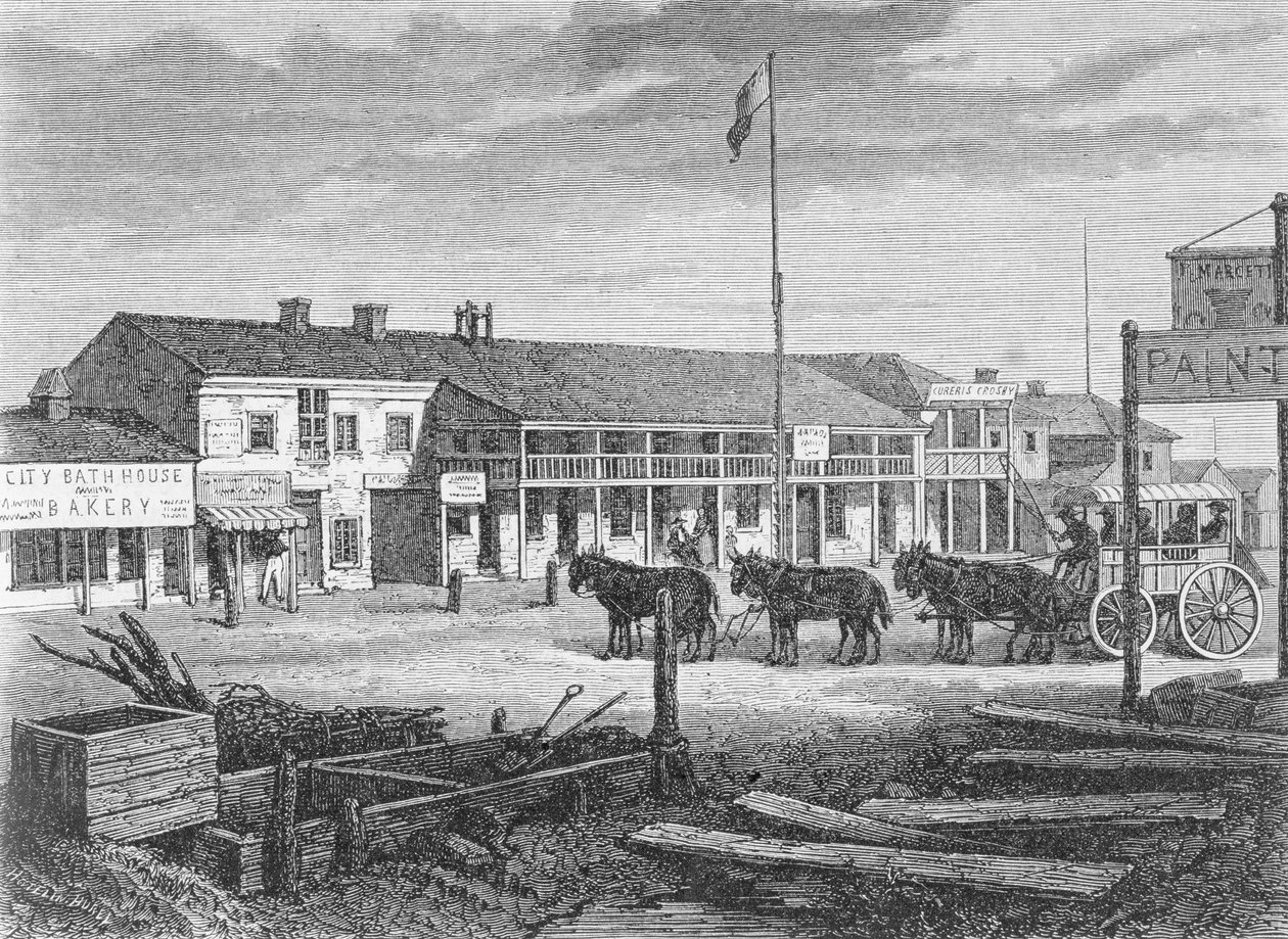 Main Street de Salt Lake City, na década de 1860, Utah, de "La Vuelta al Mundo", publicado em Madri, 1865 de Spanish School