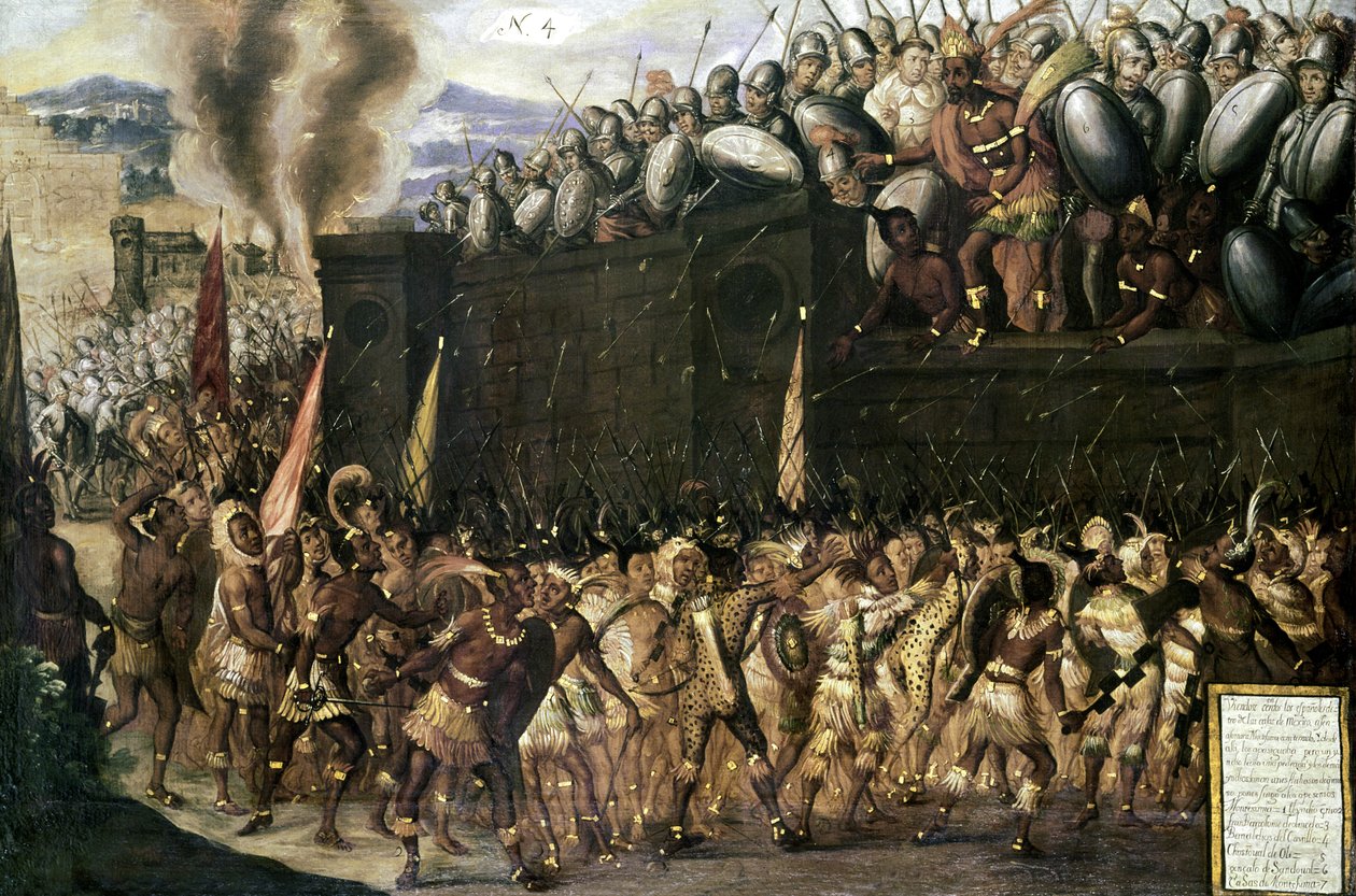 Montezuma (1466-1547), capturado pelos espanhóis, pede aos astecas que se rendam ao atacarem seu palácio em 1520 (painel 4) de Spanish School