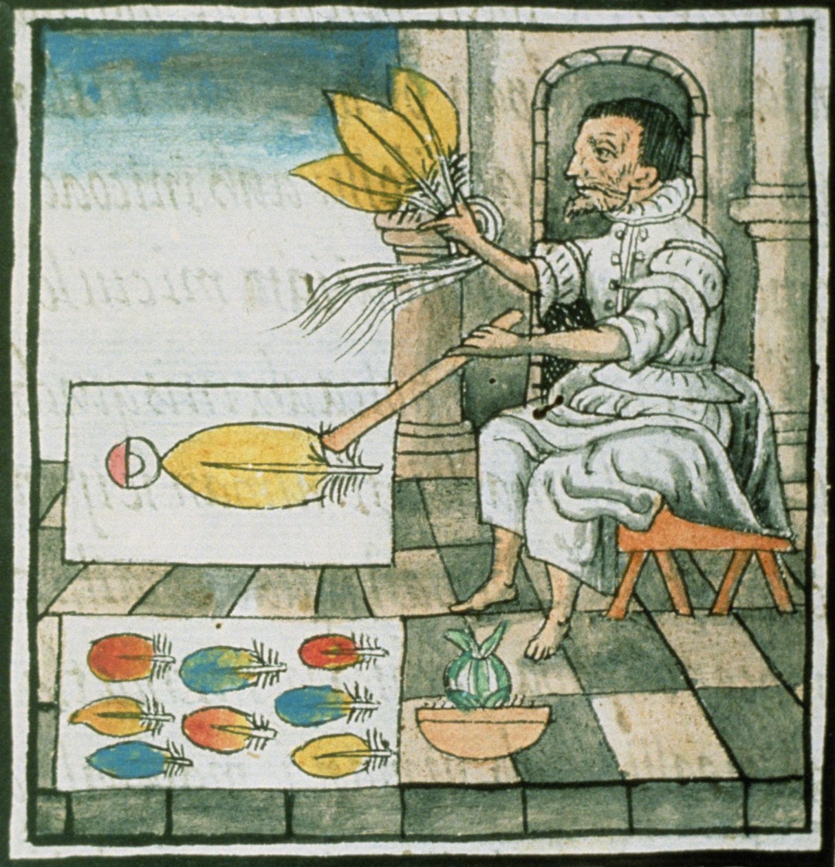 Sra. Palat 218-220 Livro IX Um artesão de penas Asteca, do &39;Códice Florentino&39; de Bernardino de Sahagun, c.1540-85 de Spanish School