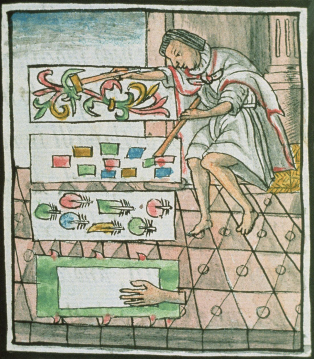 Ms Palat. 218-220 Livro IX Padrões de design e corte de penas de artesão asteca, do &39;Códice Florentino&39; de Bernardino de Sahagun, c.1540-85 de Spanish School