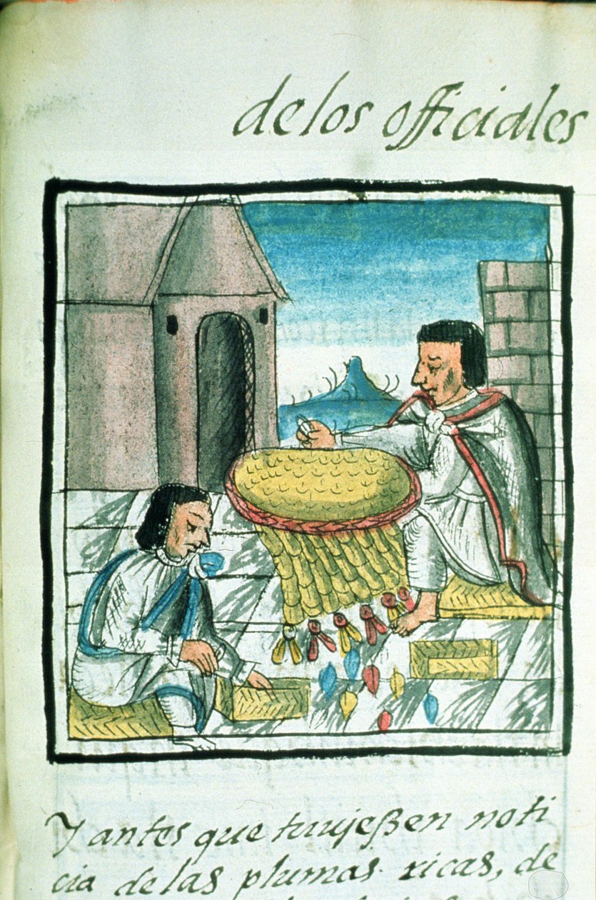 Ms Palat. 218-220 Livro IX Artesãos de penas astecas em funcionamento, do &39;Códice Florentino&39; de Bernardino de Sahagun, c.1540-85 de Spanish School