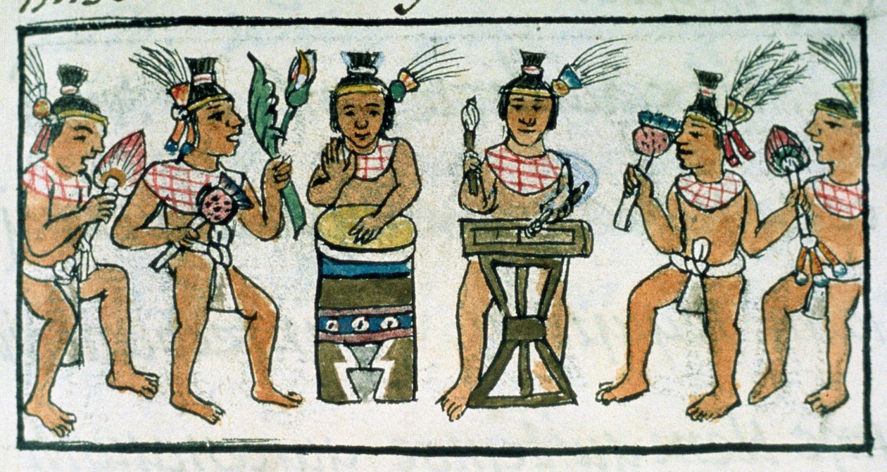 Ms Palat. 218-220 Livro IX Músicos astecas de uma conta de artesanato asteca no México Central, do &39;Códice de Florença&39; por Bernardino de Sahagun, c.1540-85 de Spanish School