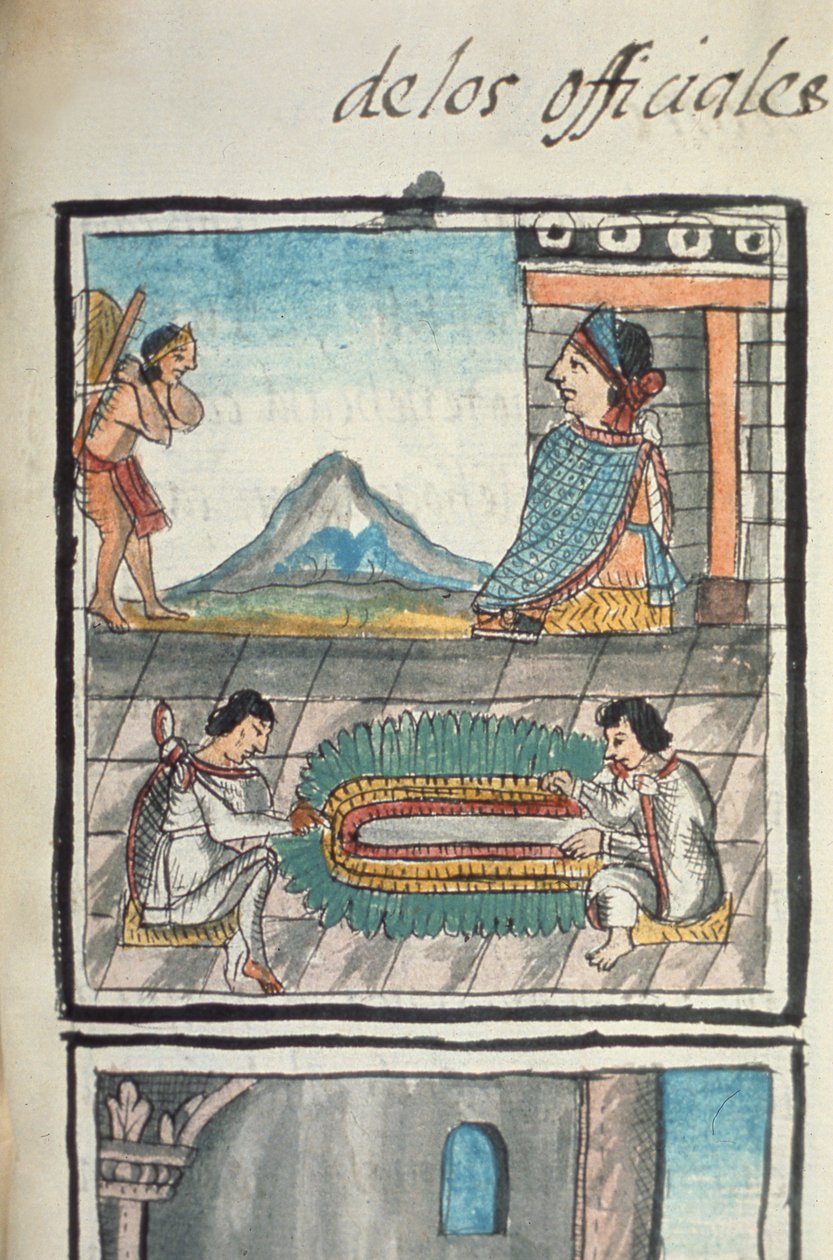Ms Palat. 218-220 Livro IX Artesãos do Palácio do Regimento Asteca fazendo headresses de penas, de um relato de artesanato asteca no México Central escrito e ilustrado por Bernardino de Sahagun, espanhol de Spanish School