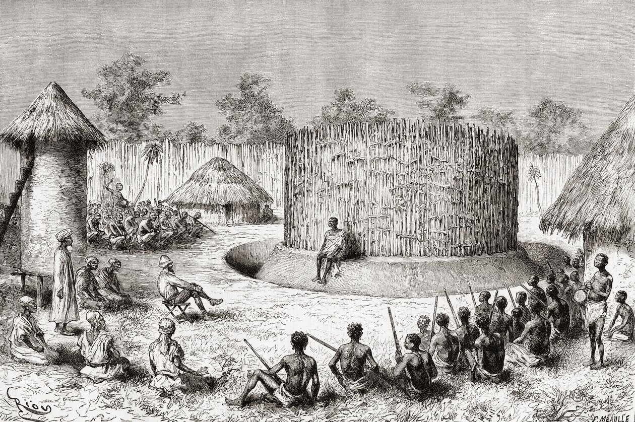 Recepção para o explorador Pietro Paolo Savorgnan di Brazza na aldeia de Chief Mkewe, Tanzânia, de &39;Africa Pintoresca&39;, publicada em 1888 de Spanish School