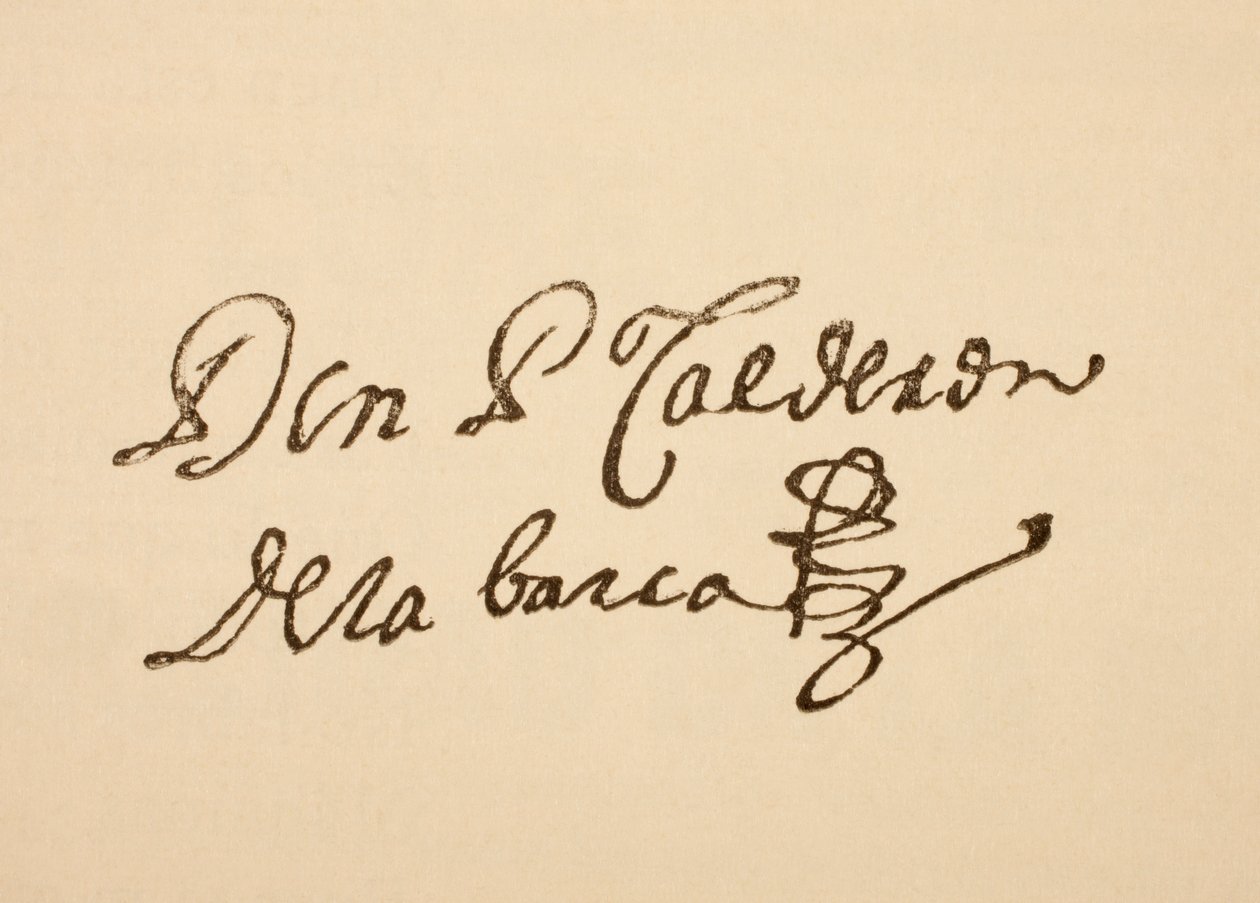Assinatura do dramaturgo espanhol Pedro Calderón de la Barca, de "O Iluminismo espanhol e americano" de 1881 de Spanish School