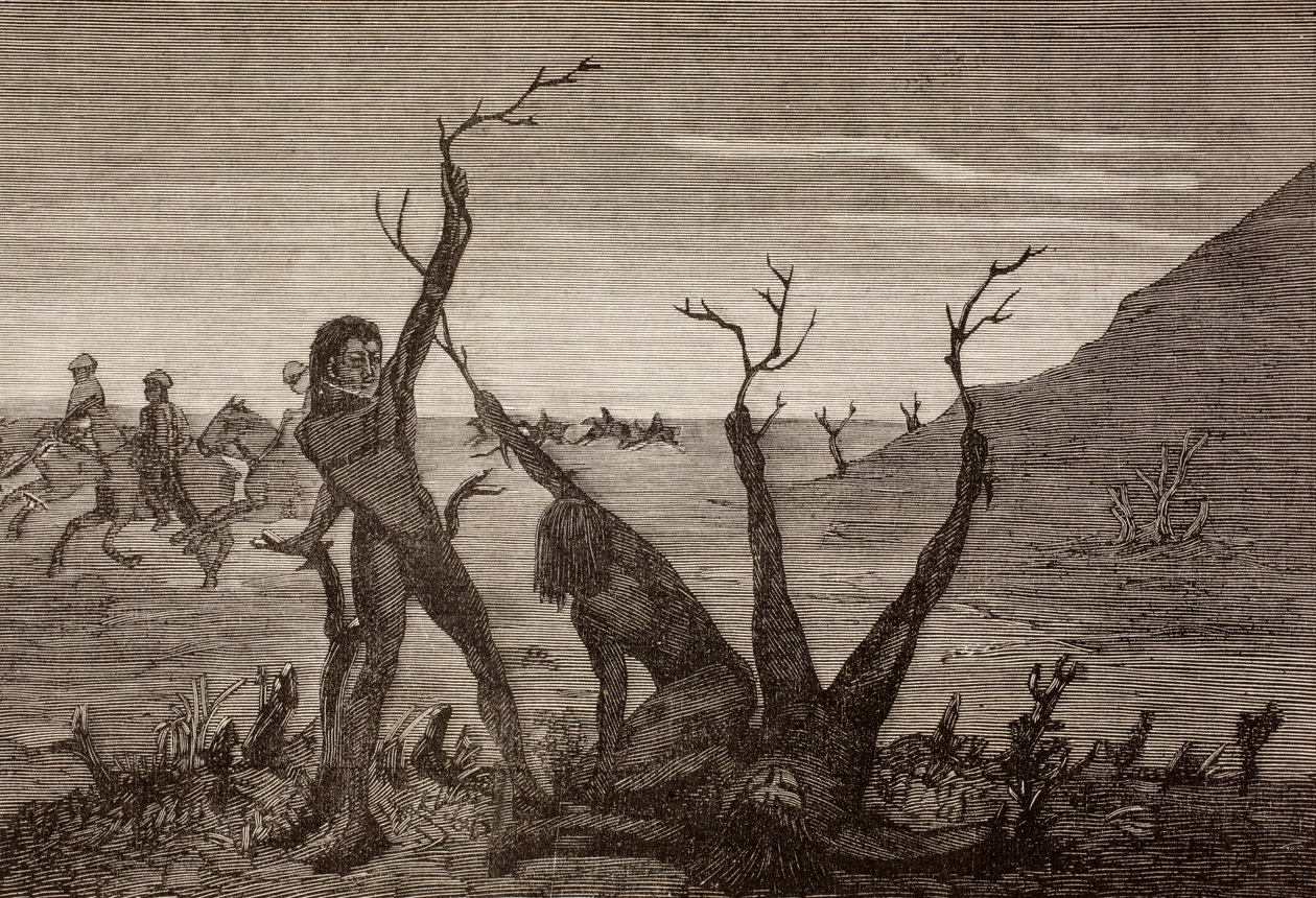 Os homens da árvore da Índia no século 19, de "La Ilustración Espanola y Americana" de 1881 de Spanish School