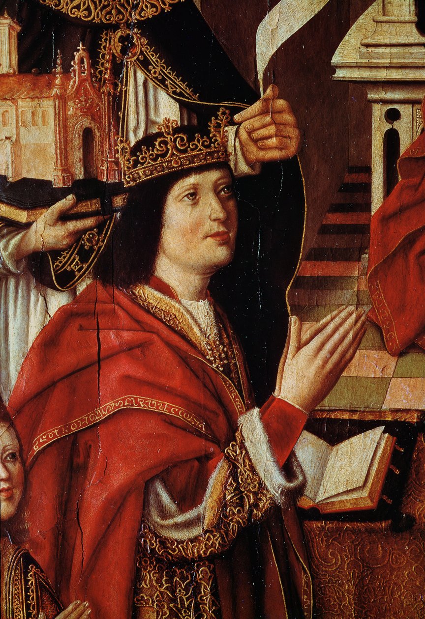 A Virgem dos Reis Católicos, detalhe mostrando o rei Fernando da Espanha (1452-1516) c.1490 (ver também 60603) de Spanish School