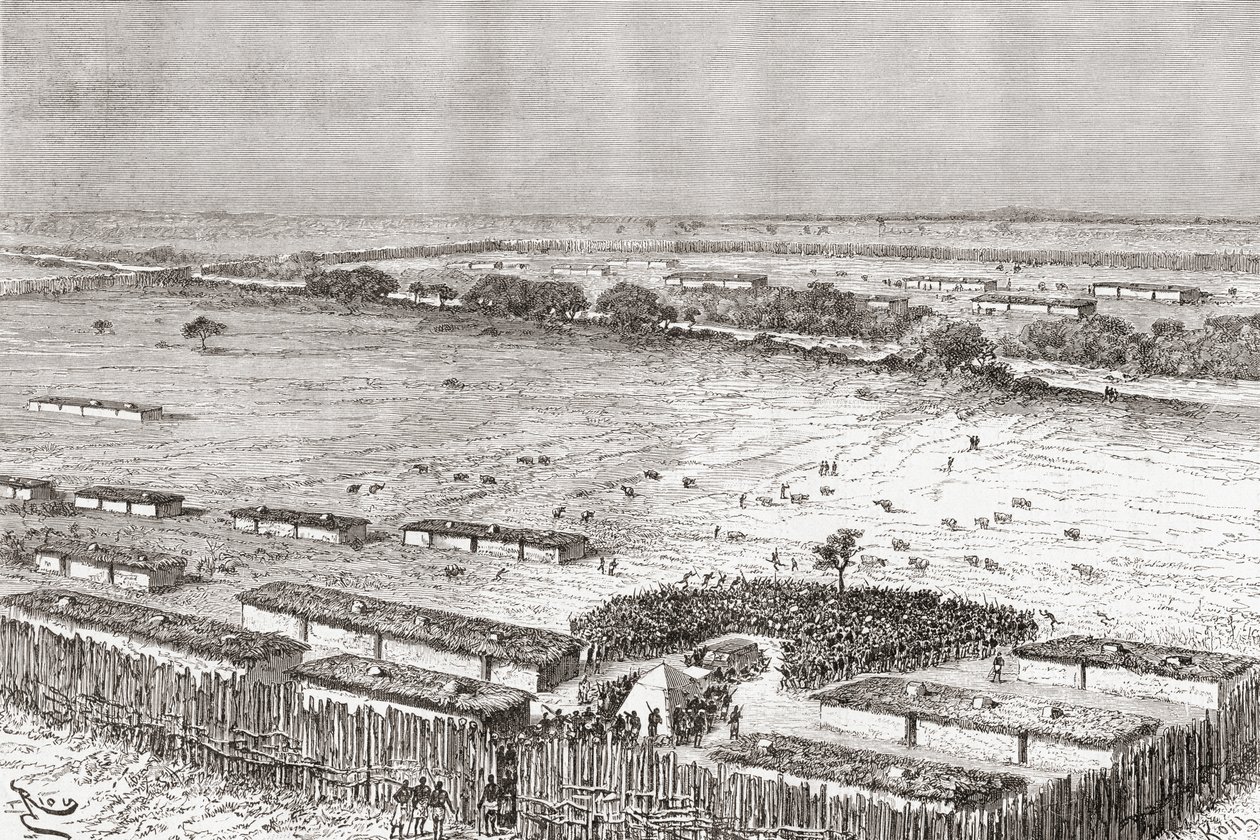 A capital de Uhehe, na Tanzânia, como era no final do século XIX, da "África Pintoresca", publicada em 1888 de Spanish School