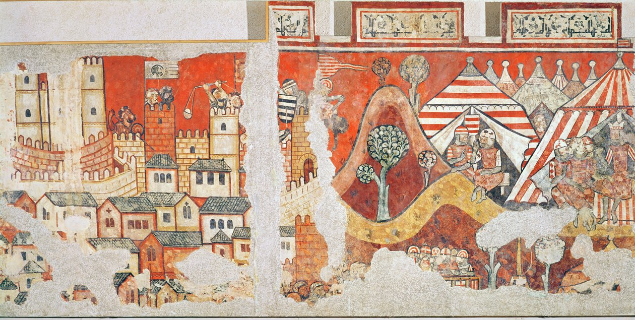 O acampamento real de Jaime I, rei de Aragão durante o cerco de Maiorca em 1229, detalhe dos murais no Palacio Aguilar, 1280 de Spanish School