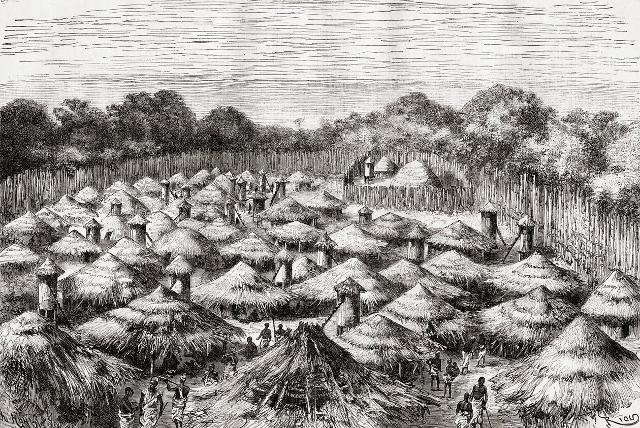 A aldeia de Kiwana, na Tanzânia, como era no final do século XIX, da "África Pintoresca", publicada em 1888 de Spanish School