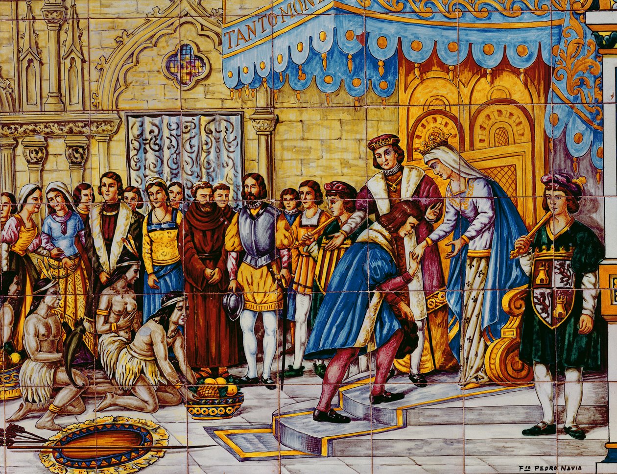 Azulejos representando a recepção de Cristóvão Colombo pelos reis católicos, Fernando de Aragão e Isabella de Castela em Barcelona em seu retorno da América em 1492 de Spanish School