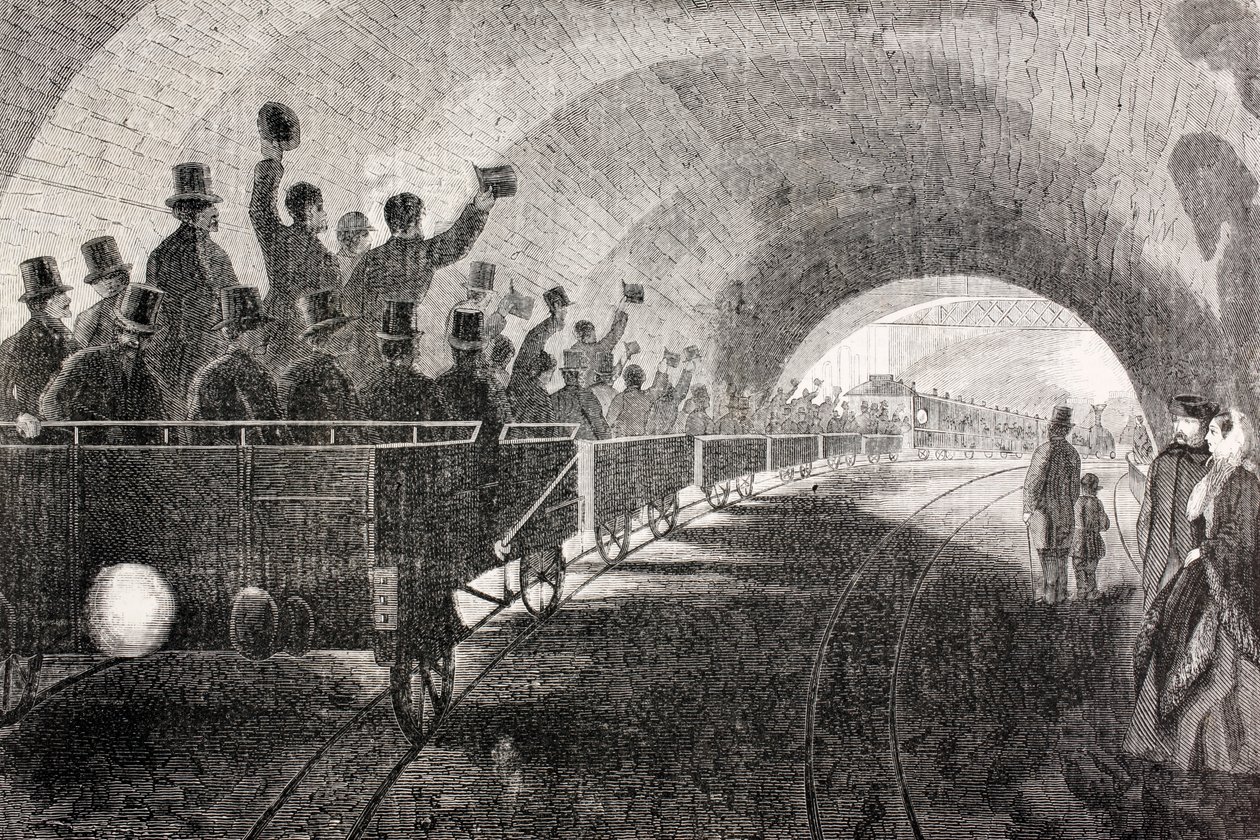 Julgamento de trem no metrô de Londres em 1862, do "The Universal Museum", publicado em 1862 de Spanish School