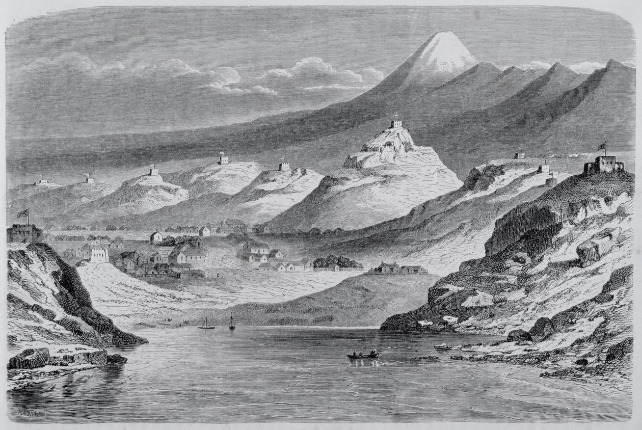 Vista de New Plymouth e Monte Egmont, ilustração do retorno ao mundo, 1865 de Spanish School