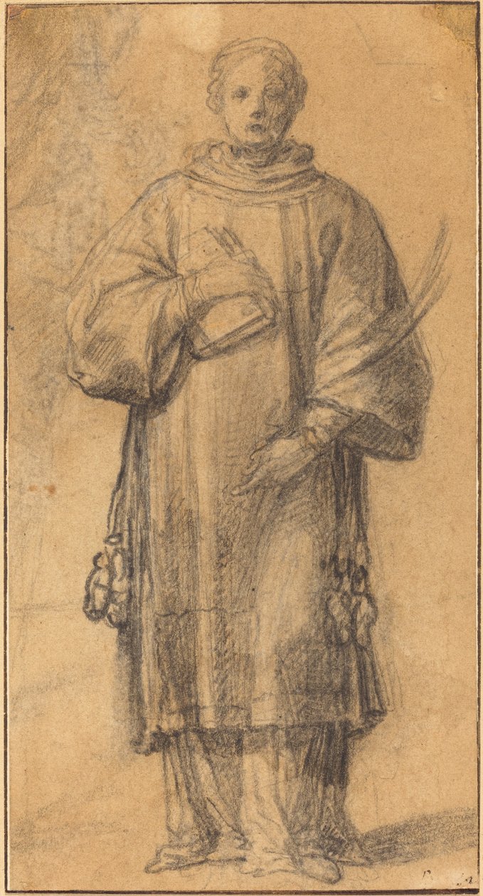Um santo em pé segurando um livro e uma folha de palmeira de Spanish 17th Century