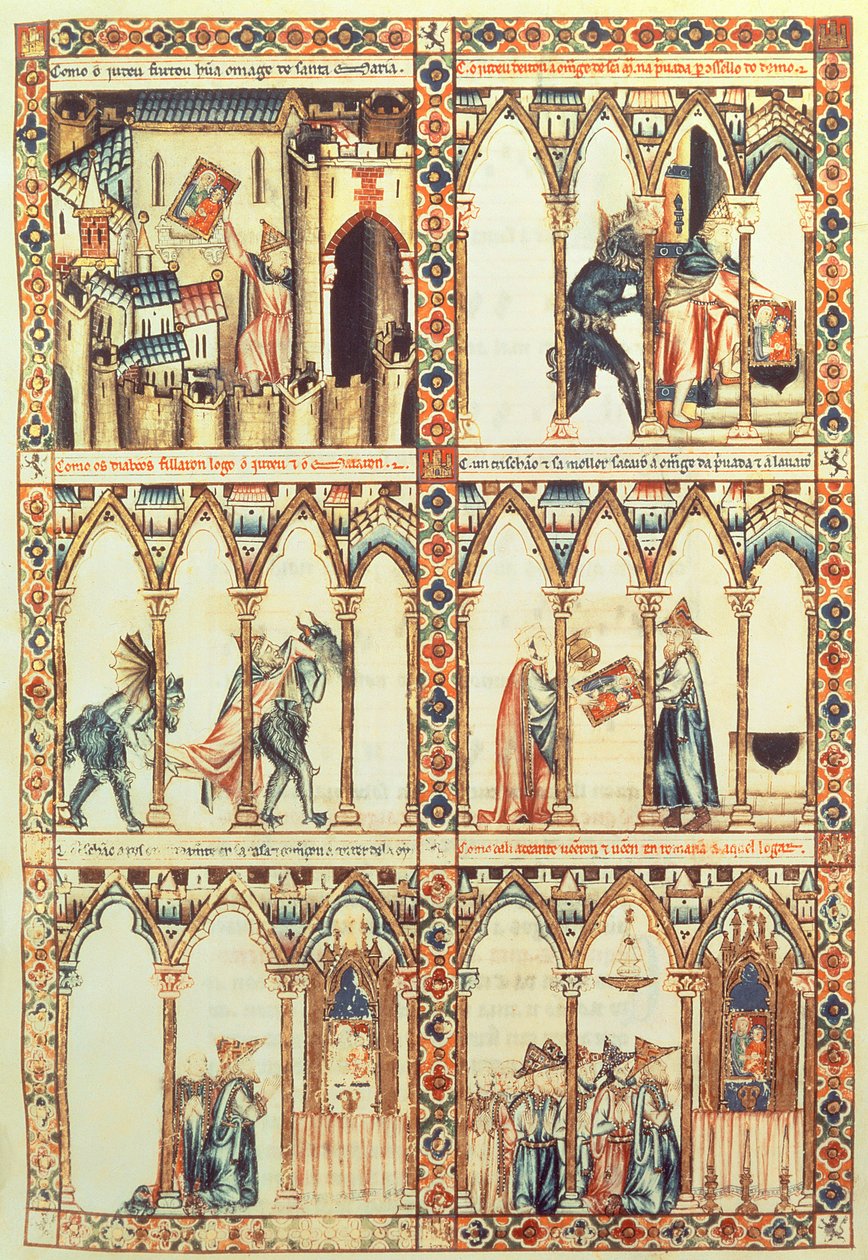 102-0002738 T.I.I. Cantiga 34, ilustração de "Cantigas de Santa Maria", feita sob a direção de Alfonso X ("O Sábio") Rei de Castela e Leão (1221-84) (velino) (ver também 68647) de Spanish School