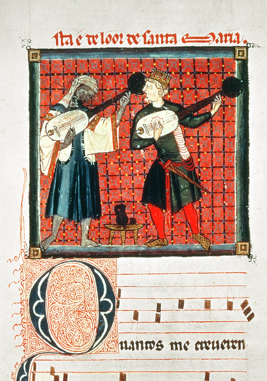 124-0633321/1 Um mouro e um cristão a tocar alaúde, miniatura num livro de música das 