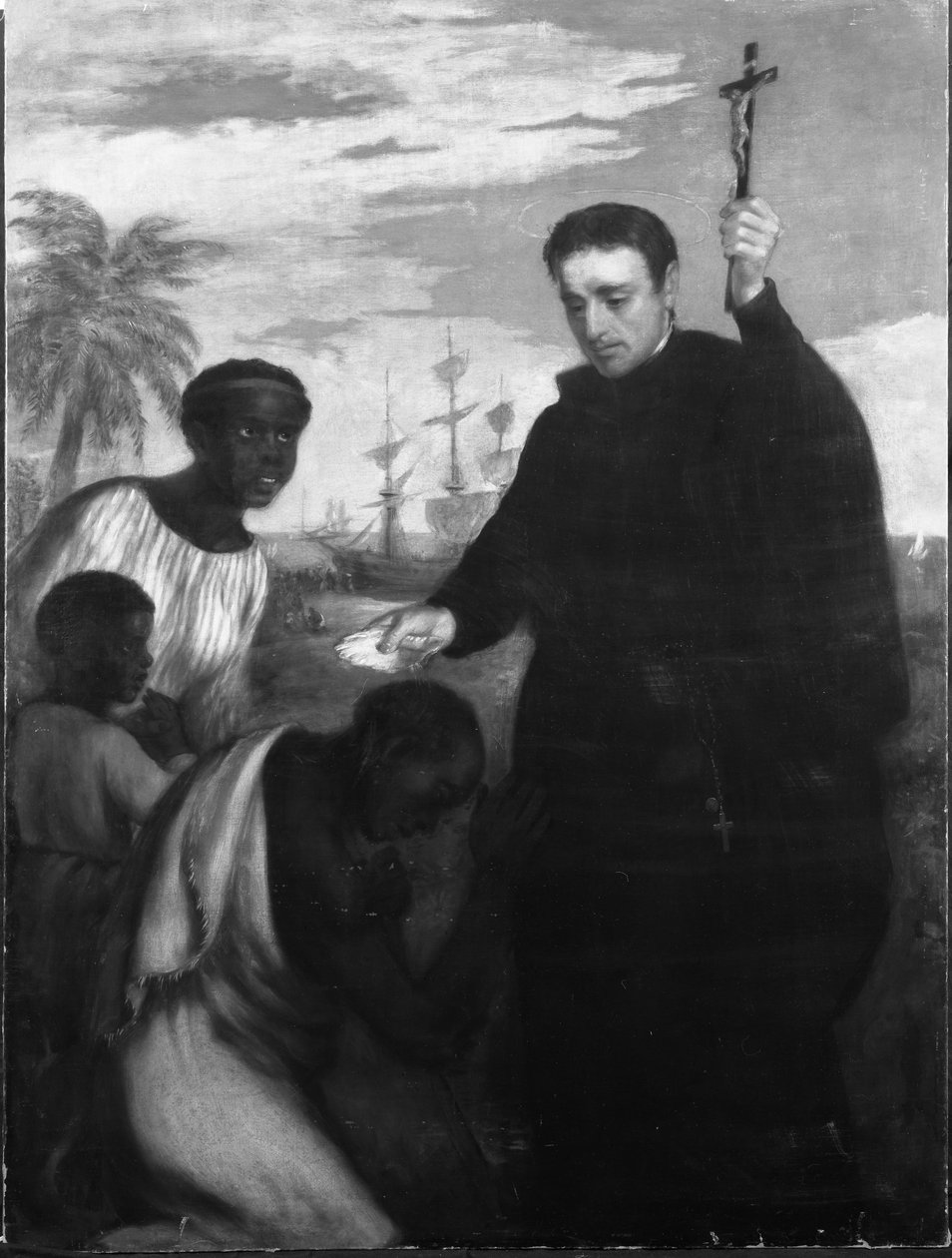 Um Missionário Jesuíta, talvez Manuel de Nóbrega ou Peter Claver, Batizando Negros (óleo sobre tela) de Spanish School