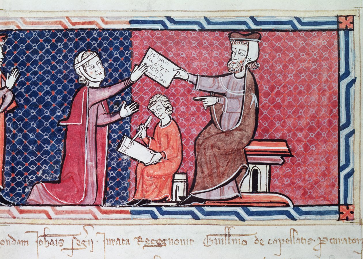 Uma mulher fazendo um juramento diante do rei Jaime I (1207-76) de Maiorca, detalhe do magistrado, a mulher e o escriba, de Capbreu de Clayra e de Millas, 1292 (detalhe de 181839) de Spanish School