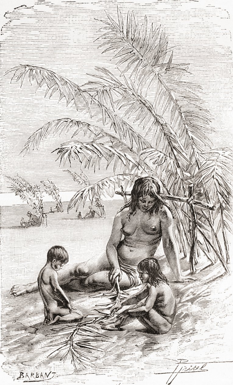 Uma família de nativos Sápara em um banco de areia ao lado do rio Napo, Equador de Spanish School