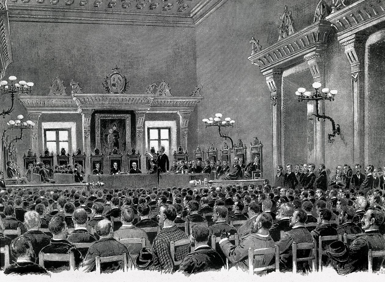 Um encontro de nacionalistas catalães reunidos na Câmara Municipal de Manresa, para a elaboração das 16 bases para servir a constituição regional catalã em 1892. Desenho de Jaume Pahissa. de Spanish School