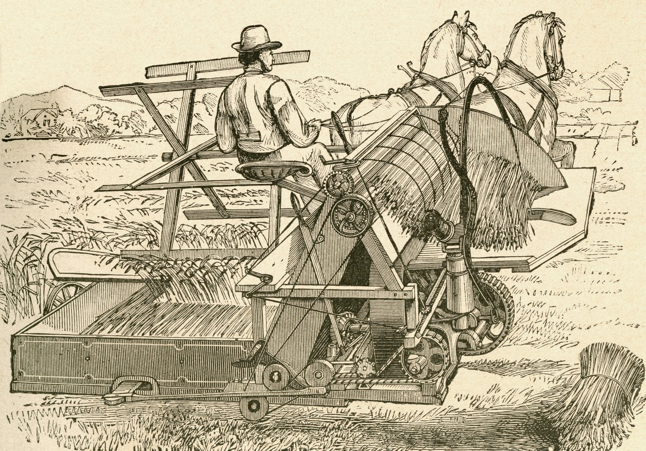 Uma máquina de colheita, puxada por cavalos, que amarrava mecanicamente os feixes de milho, utilizada no final do século XIX. De El Museo Popular publicado Madrid de Spanish School