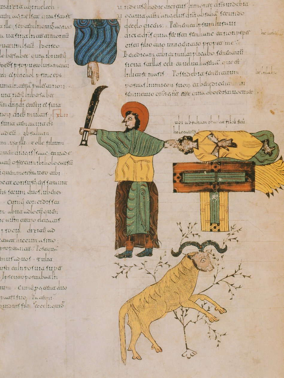 Abraão prestes a sacrificar seu filho, Isaac, da Bíblia Visigodo-Moçárabe de Santo Isidoro, 960 (tempera sobre velino) de Spanish School