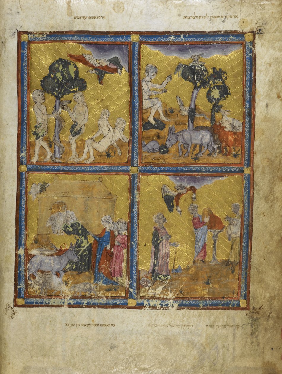 Acrescentar. 27210 f.2v Adão e Eva, de "The Golden Haggadah" (tinta, cor e ouro sobre velo) de Spanish School