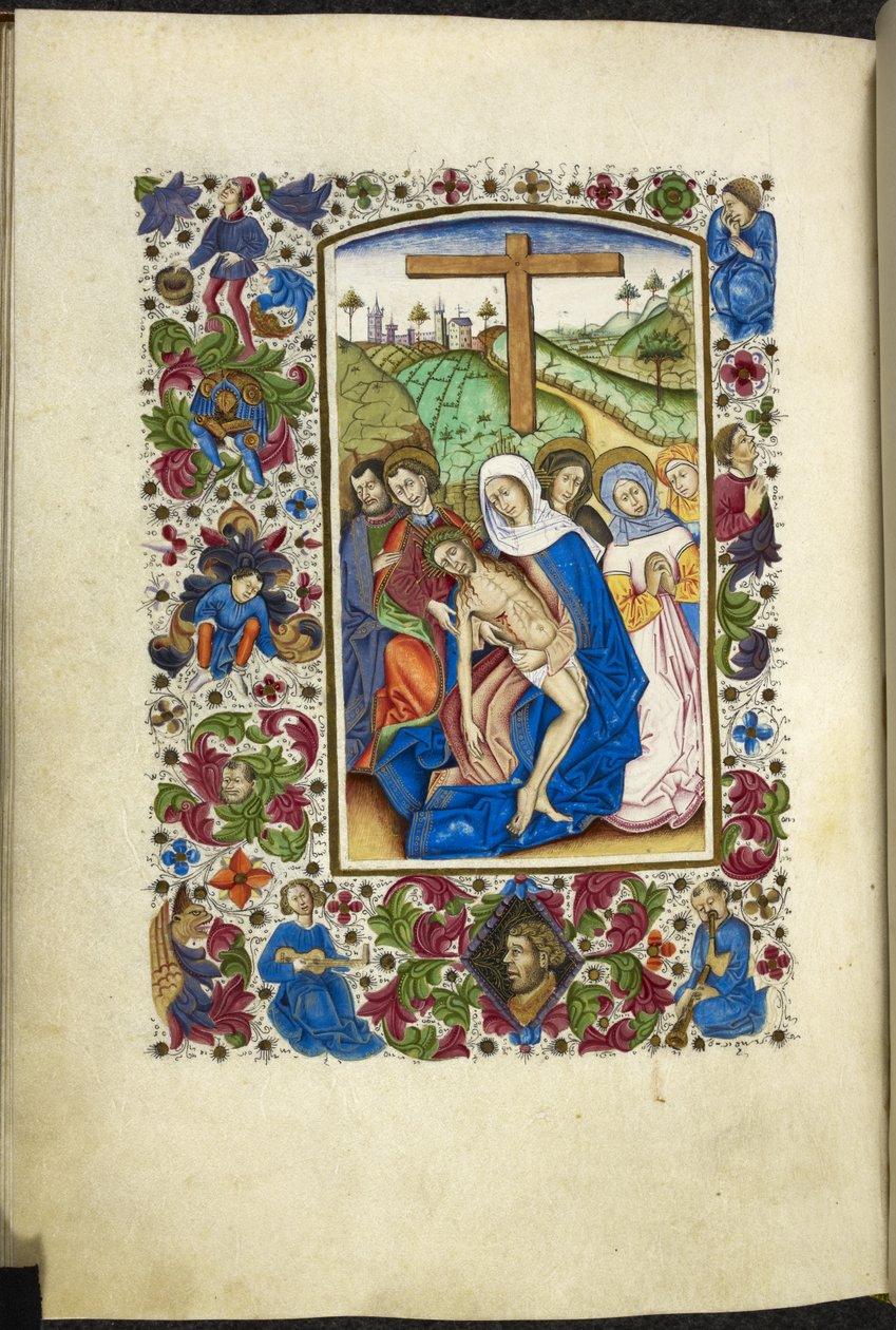 Adicionar MS 50004 f.70v A Virgem Maria segurando o corpo de Cristo, com dois discípulos e mulheres ao lado dela, de um 