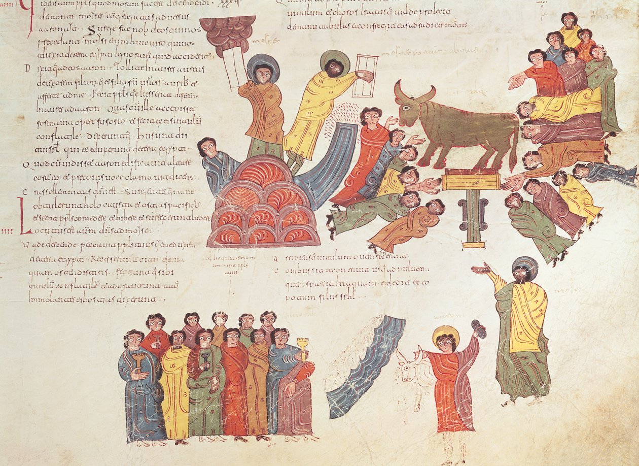 Adoração do Bezerro de Ouro, da Bíblia Visigodo-Moçárabe de São Isidores, fol.46r., AD 960 (têmpera sobre velino) de Spanish School