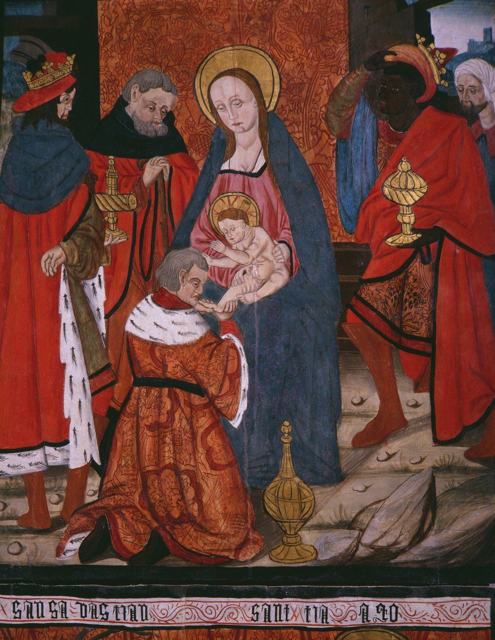 Adoração dos Magos, painel da Igreja de San Andrés de Tortura, final do século XV ao início do século XVI (madeira pintada) de Spanish School