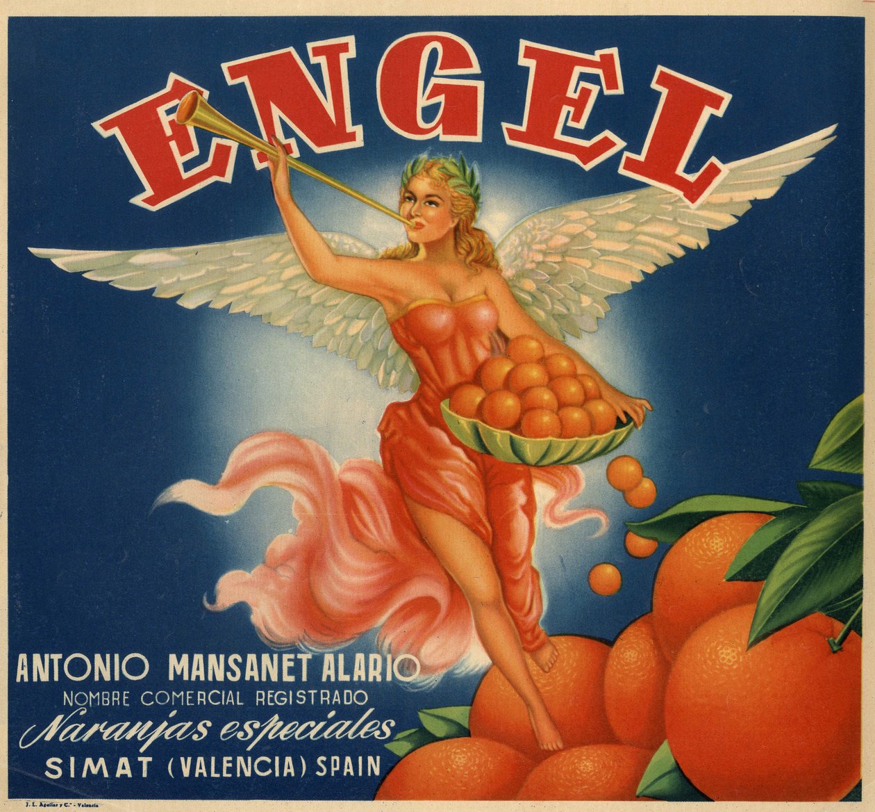 Publicidade para laranjas, imagem de uma mulher alada. Cartaz publicitário, Valência de Spanish School