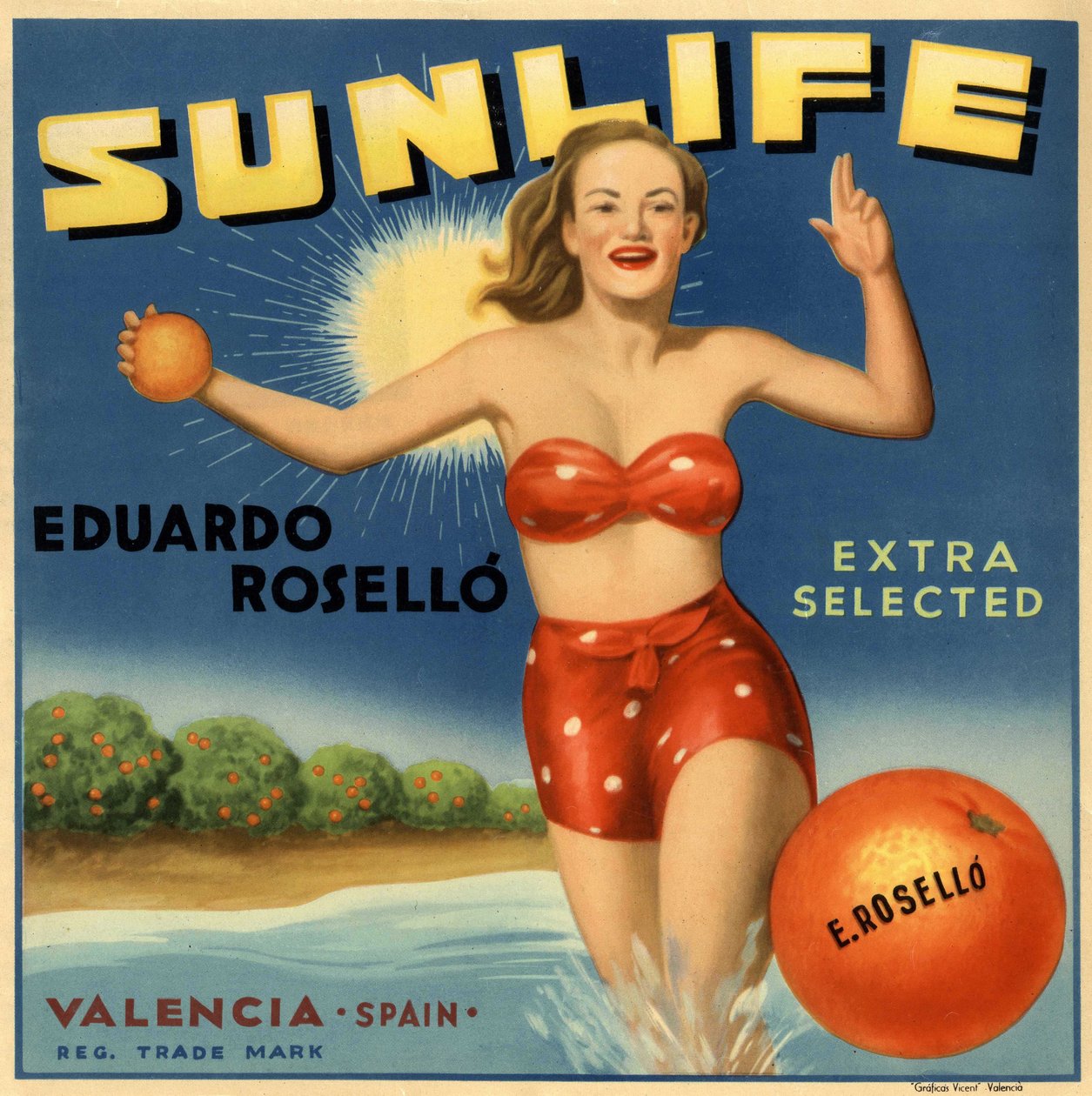Publicidade para laranjas, imagem de uma mulher em fato de banho. Cartaz publicitário, Valência de Spanish School