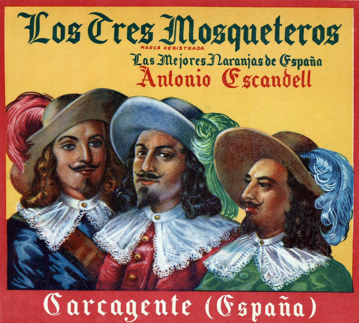 Imagem publicitária, "Os Três Mosqueteiros, as melhores laranjas de Espanha". Cartaz publicitário de Spanish School