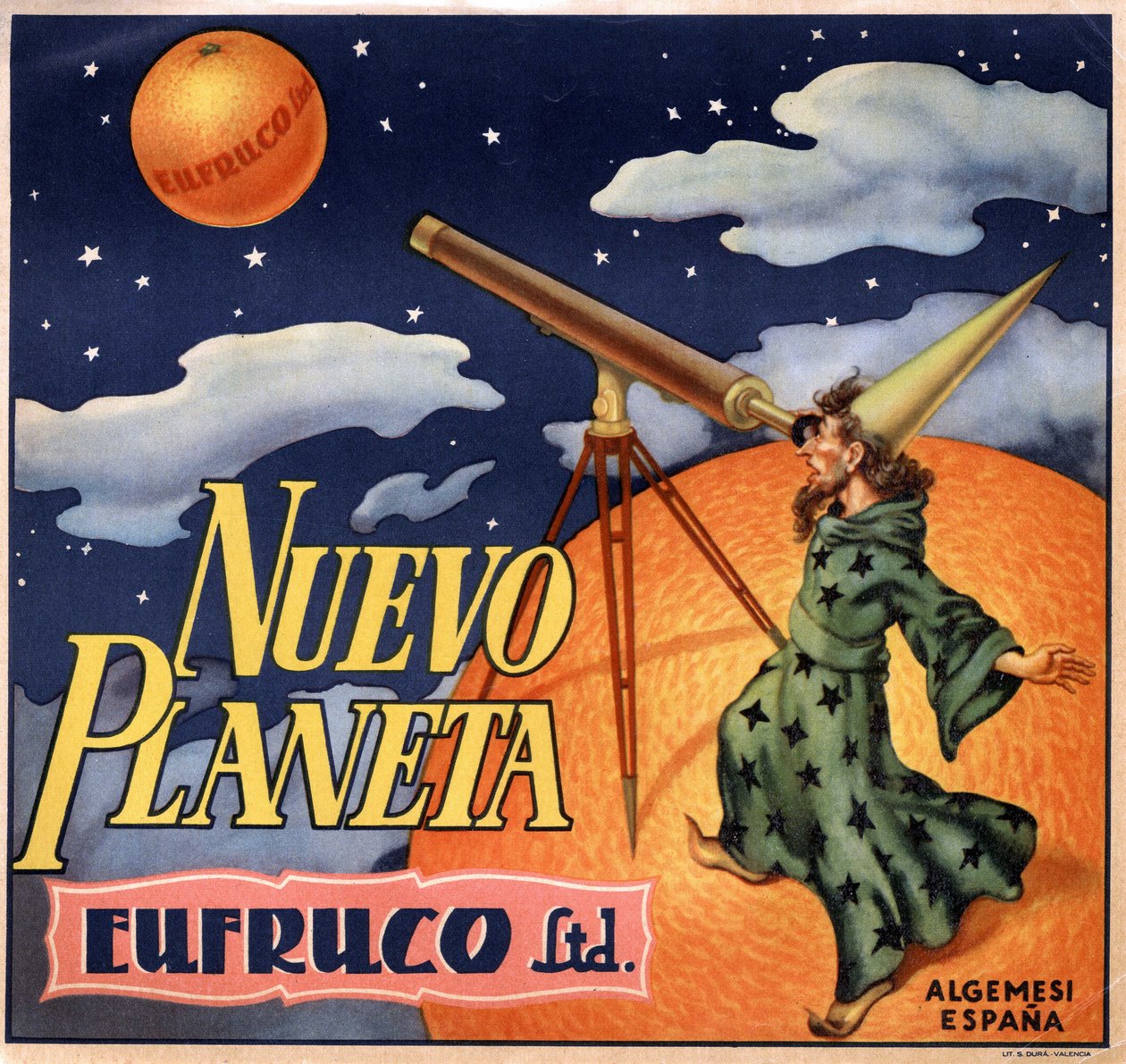 Publicidade com um mágico observando "o novo planeta Orange". Cartaz publicitário, Valência de Spanish School