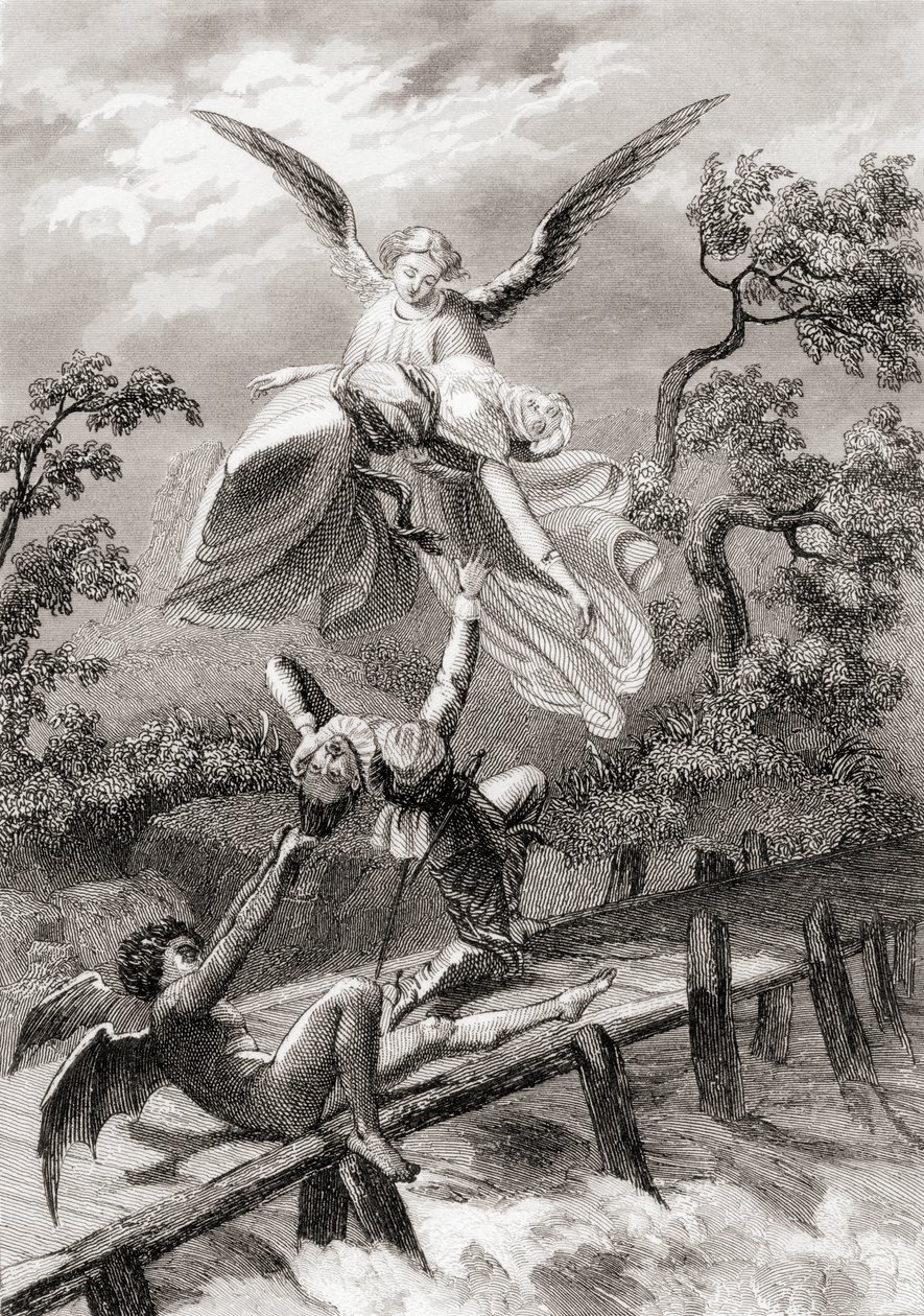 Amina é levada por um anjo enquanto o diabo captura o Sacristão de Albaicin (litho) de Spanish School