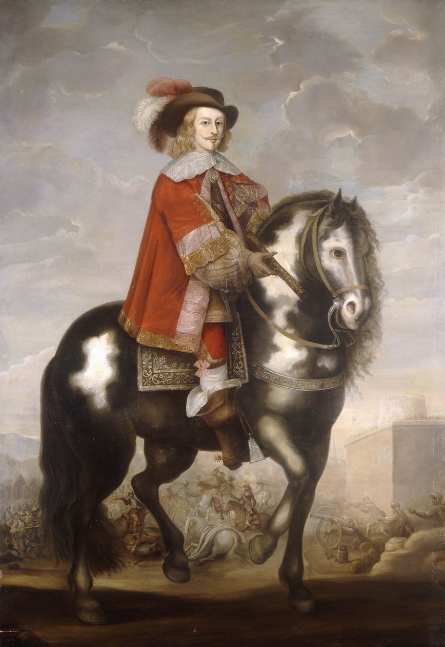 Um retrato equestre do cardeal Infante Fernando de Borbon, governador da Holanda espanhola, comprimento total em um casaco vermelho e chapéu de plumas, uma batalha além, c.1685 de Spanish School