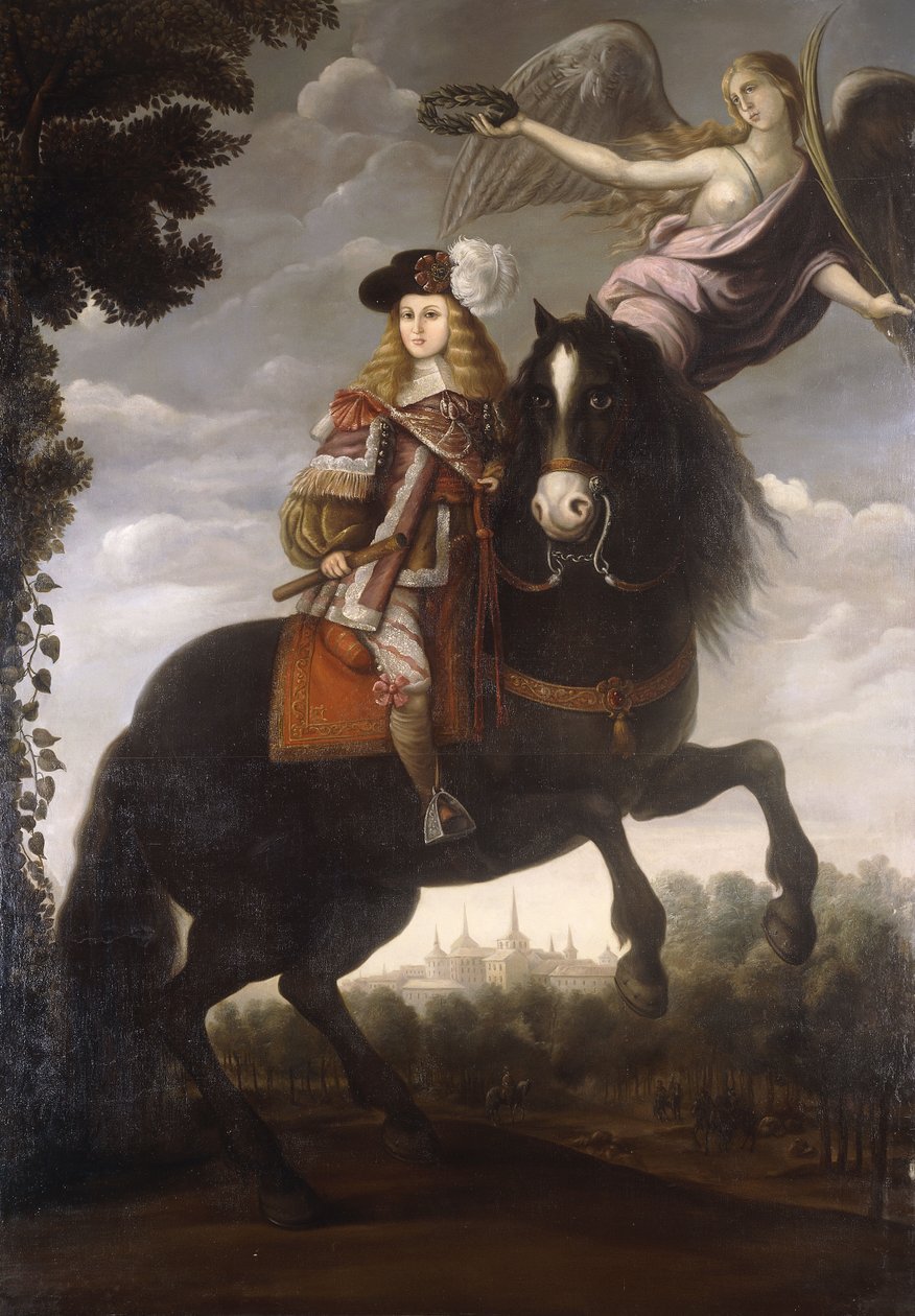 Um retrato equestre do rei Carlos II, de corpo inteiro, com um casaco vermelho com guarnição branca sendo coroado com um louro por um anjo, Madri à distância, c.1685 de Spanish School