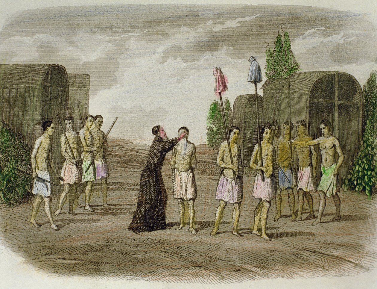Um escravo indígena da tribo Tupinamba é baptizado por um padre jesuíta, perto da Bahia, em 1550 de Spanish School