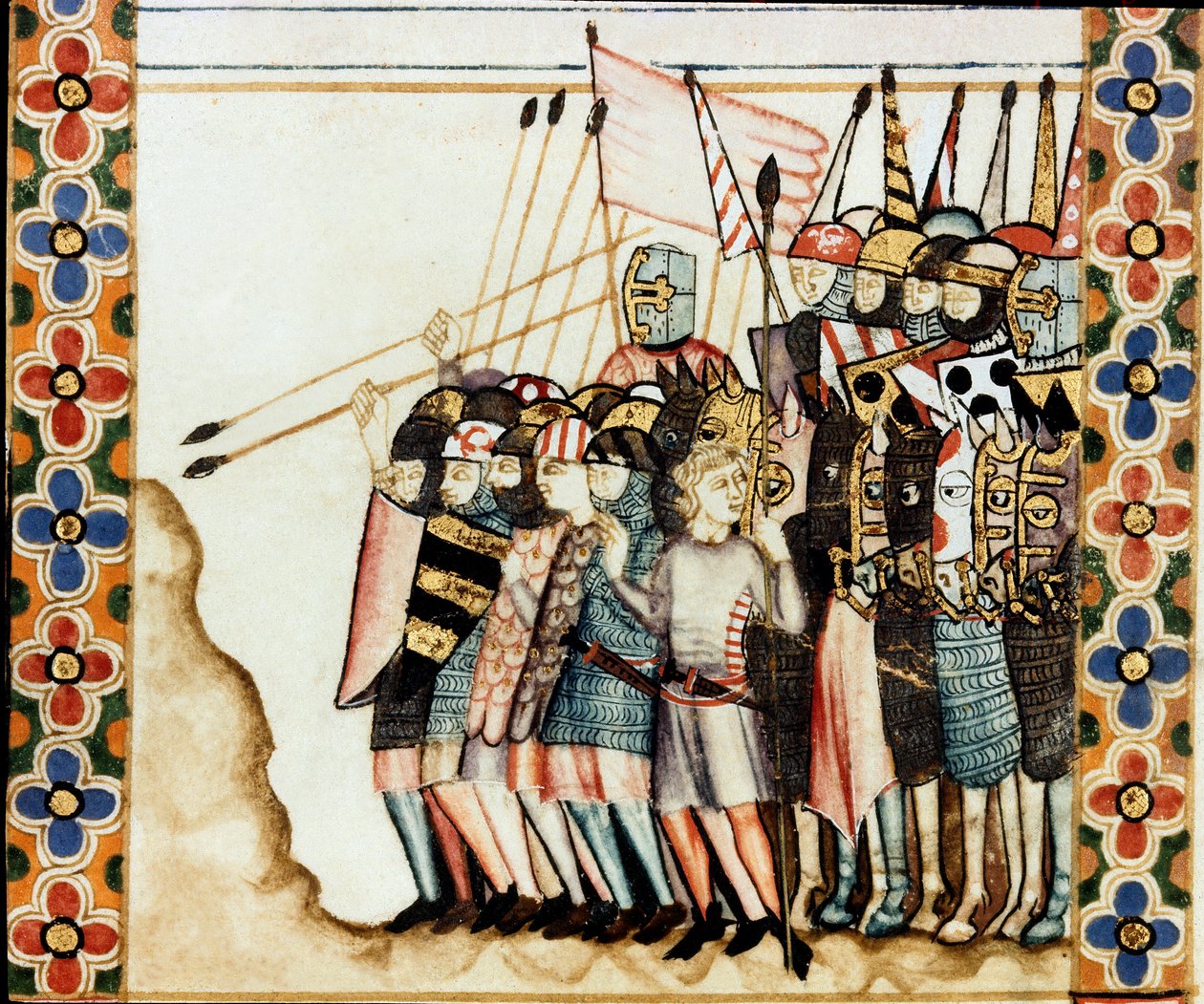 Armee des croises Detalhe de uma página tirada de um manuscrito do Cântico de Santa Maria, decorando miniaturas dedicadas a Santa Maria e aos seus milagres, uma colecção de canções de cor vermelha sob o regimento de Alfonso X o sábio (1221-1284). de Spanish School