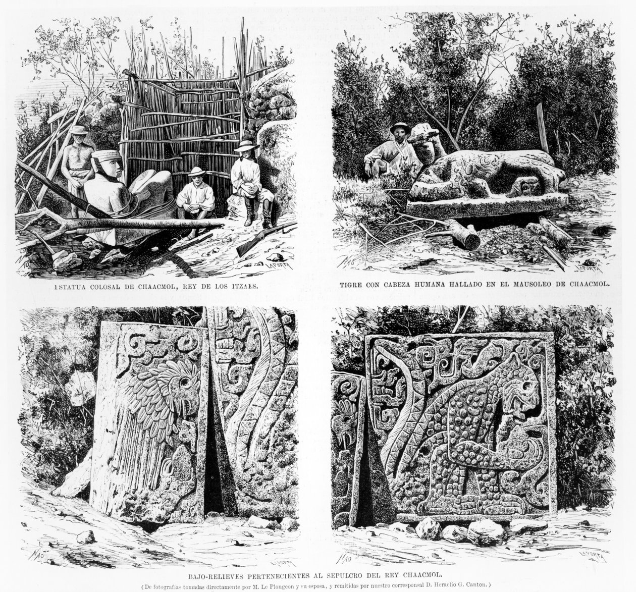 Artefatos descobertos em Chichen Itza por Augustus Le Plongeon, ilustração de La Illustracion Espanola y Americana 1877 de Spanish School